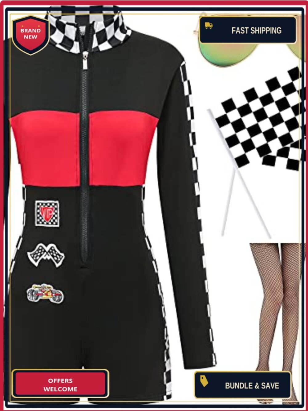 Womens Race Car Driver Costume Jumper Sunglasses Checkered Flags Fishnet Tights